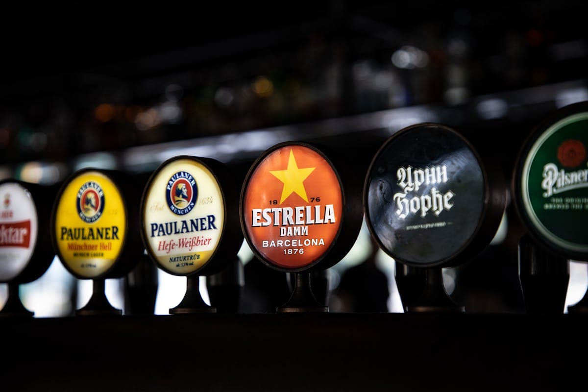 Hilera de botellas de cerveza artesanal con etiquetas variadas